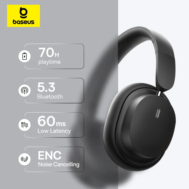 Baseus Wireless Headphones Bluetooth 5.3 HIFI Level Earphone 40mm Driver Foldable Over Ear Headsets 70H Playtime Spatial Audio